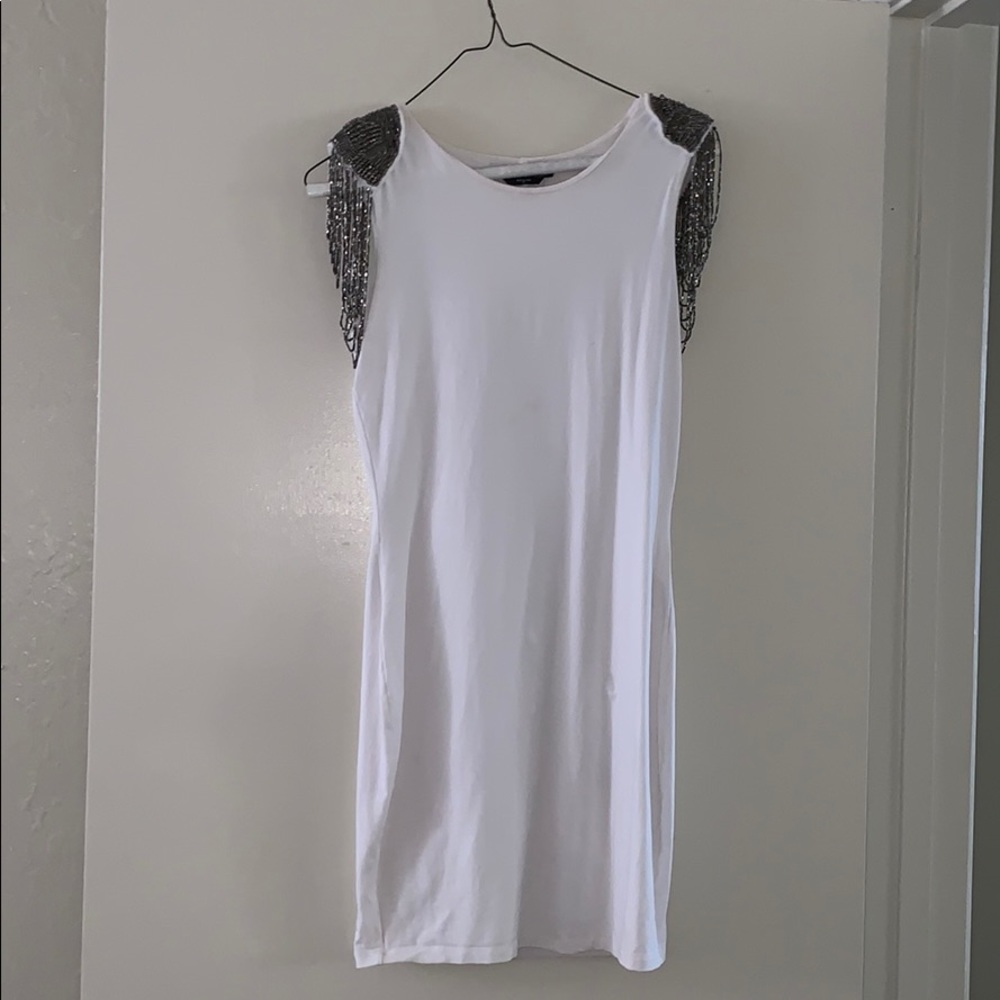 White Mini Dress with Beaded Shoulder Detailing